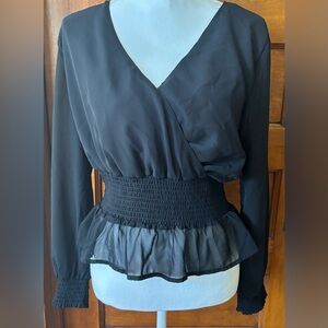 Japna Black Faux Wrap Smocked Peplum Blouse